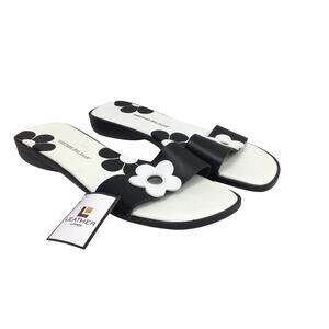 Montego Bay Club Daisy Open Square Toe Black White Leather Flat Sandal Size 7.5